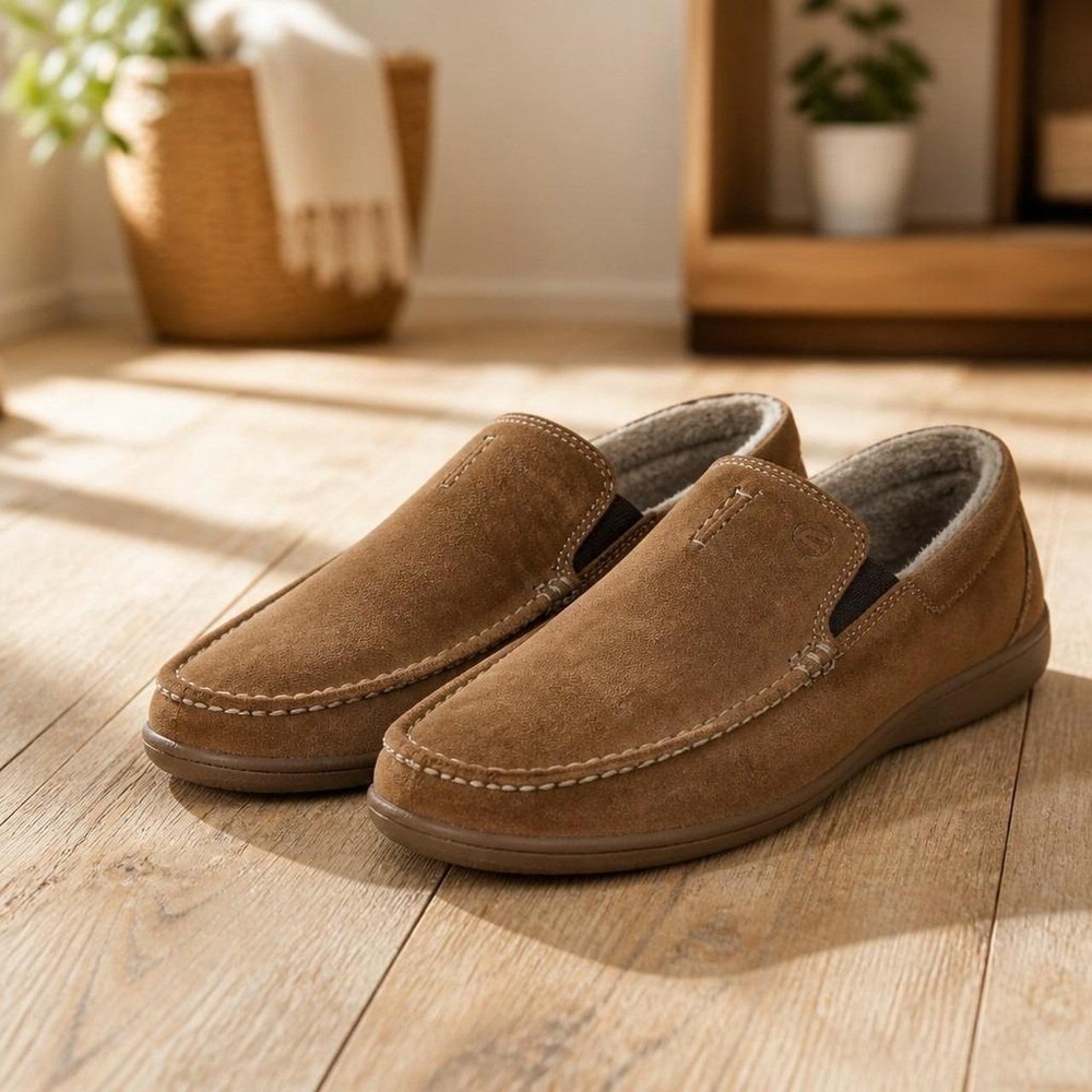Clarks Mens Suede Slippers Brown Faux Fur Lined Slip On Shoes Size 11 M